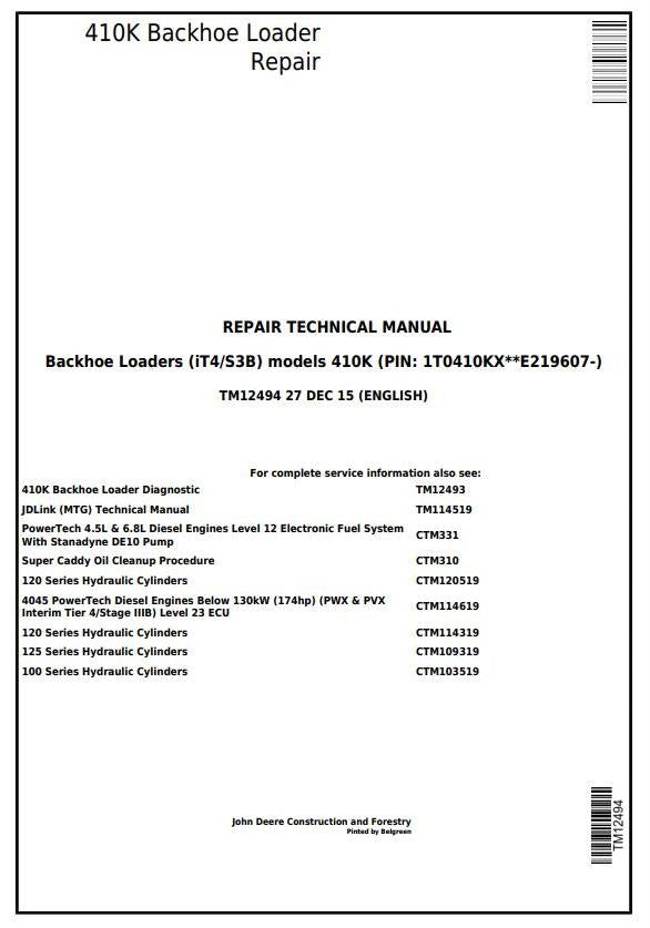 TM12494 - John Deere 410K (iT4/S3B) Backhoe Loader Repair Service Manual