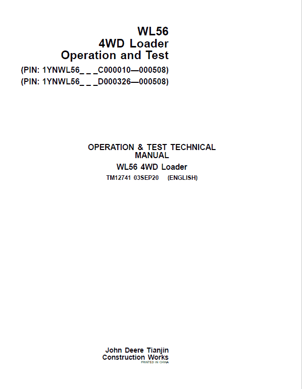 PDF TM12741 John Deere 4WD WL56 Wheel Loader Diagnostic and Test Service Manual