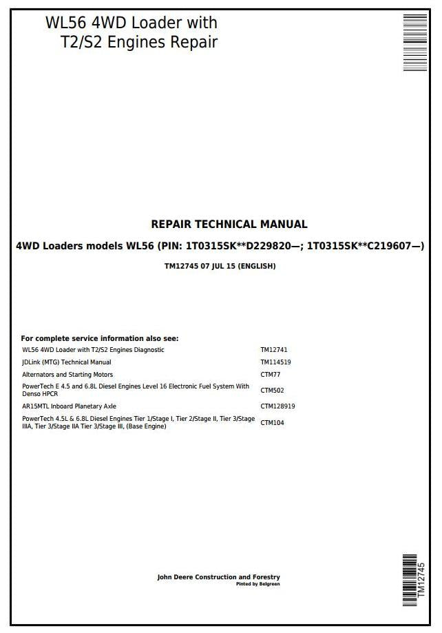 Pdf TM12745 John Deere 4WD WL56 Wheel Loader Repair Service Manual