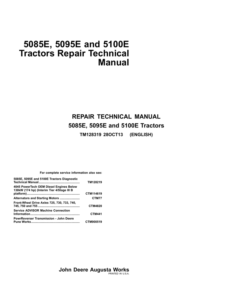 Pdf TM128319 John Deere 5085E 5095E 5100E Tractor Repair Service Manual