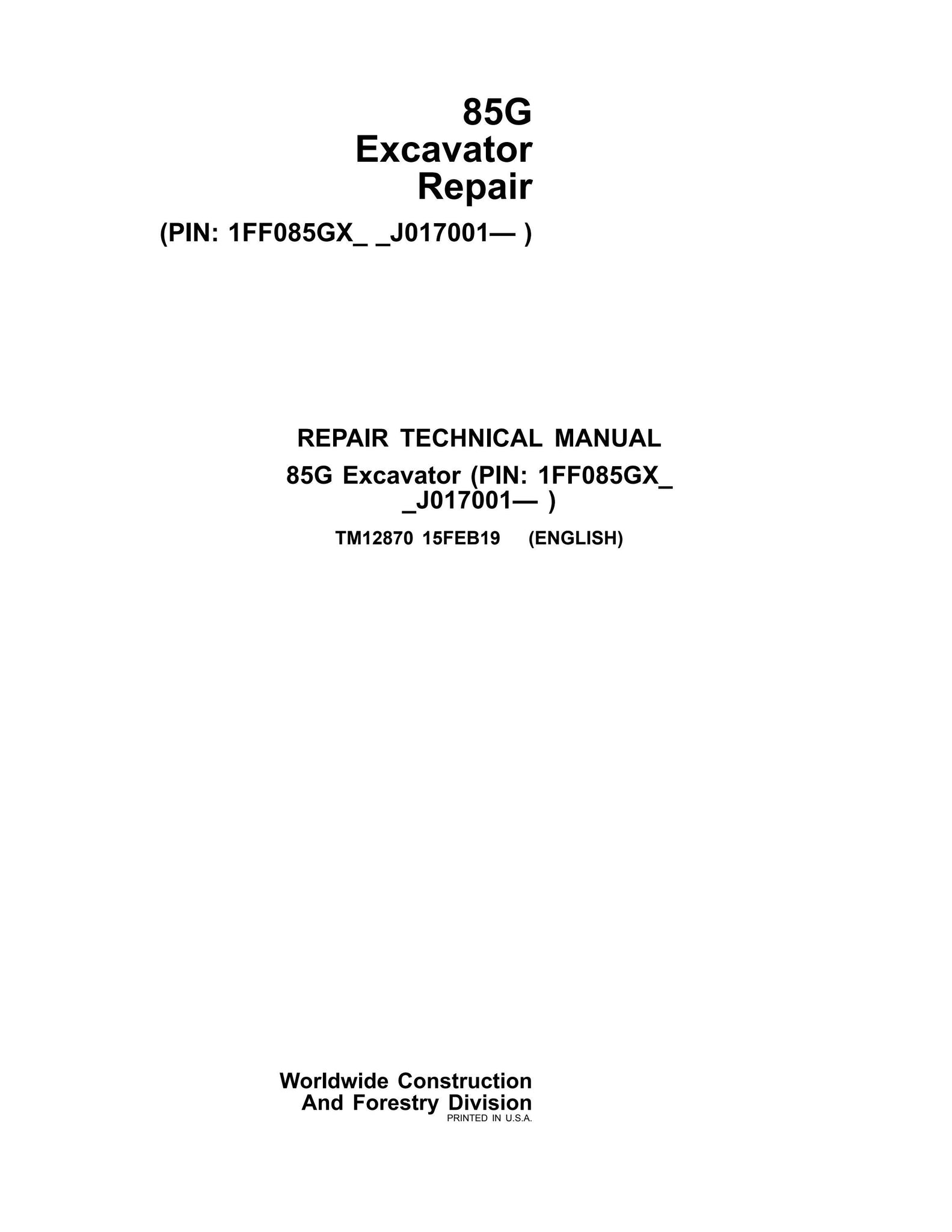 Pdf TM12870 John Deere 85G (FT4) Excavator Repair Service Manual