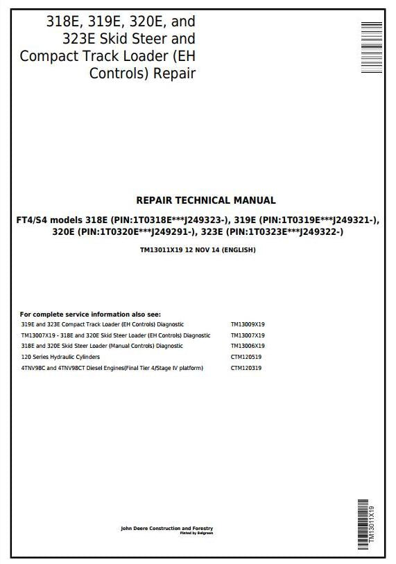 Pdf TM13011X19 John Deere 318E, 319E, 320E, 323E Skid Steer & Compact Track Loader Repair Service Manual