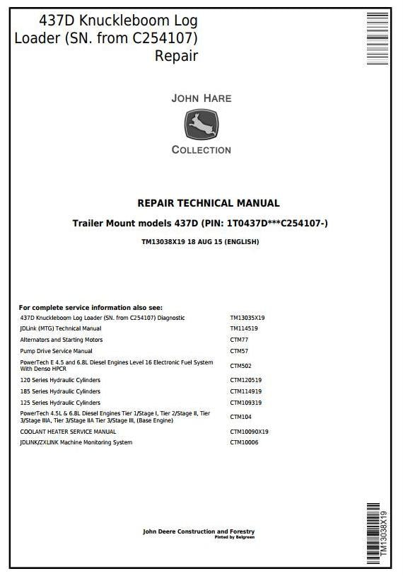 Pdf TM13038X19 John Deere 437D Knuckleboom Trailer Mount Log Loader Repair Service Manual