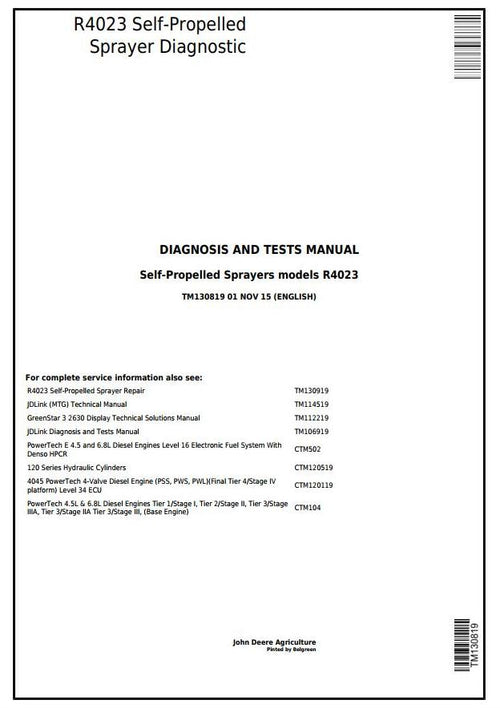 PDF TM130819 John Deere R4023 Self-Propelled Sprayer Diagnostic and Test Service Manual