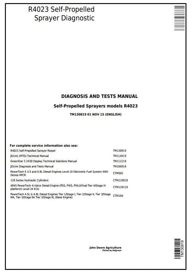 PDF TM130819 John Deere R4023 Self-Propelled Sprayer Diagnostic and Test Service Manual