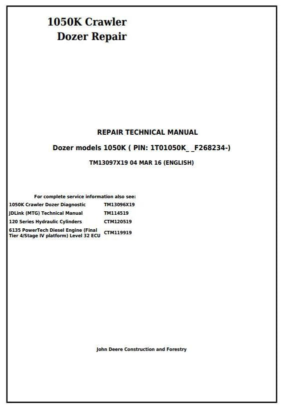 Pdf TM13097X19 John Deere 1050K Crawler Dozer Repair Service Manual