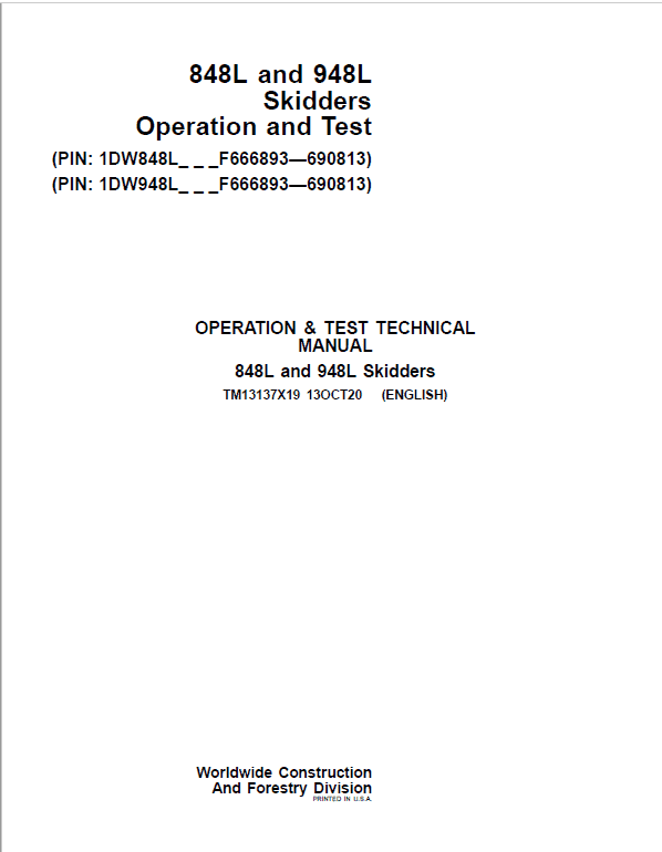 PDF TM13137X19 John Deere 848L, 948L Skidder Diagnostic and Test Service Manual