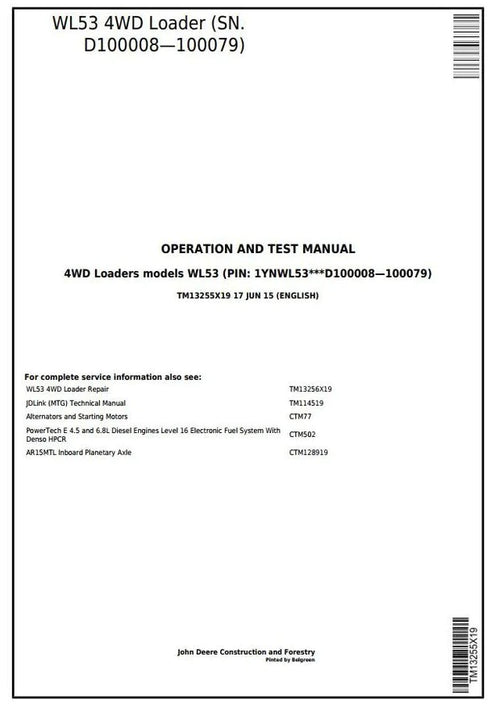 Pdf TM13255X19 John Deere 4WD WL53 Wheel Loader Diagnostic & Test Service Manual