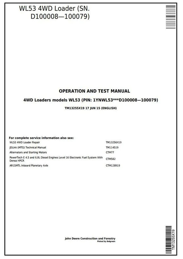 Pdf TM13255X19 John Deere 4WD WL53 Wheel Loader Diagnostic & Test Service Manual