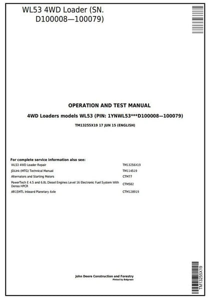 Pdf TM13256X19 John Deere 4WD WL53 Wheel Loader Repair Service Manual