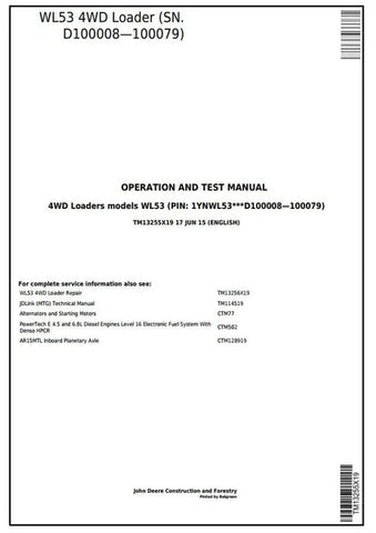 Pdf TM13256X19 John Deere 4WD WL53 Wheel Loader Repair Service Manual