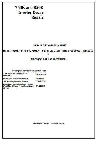 Pdf TM13282X19 John Deere 750K and 850K Crawler Dozer Repair Service Manual