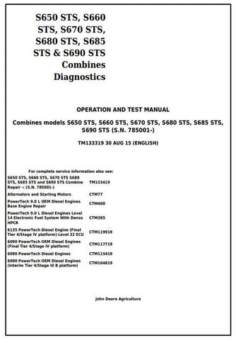 PDF TM133319 John Deere S650 S660 S670 S680 S685 S690 STS Combine Diagnostic and Test Service Manual