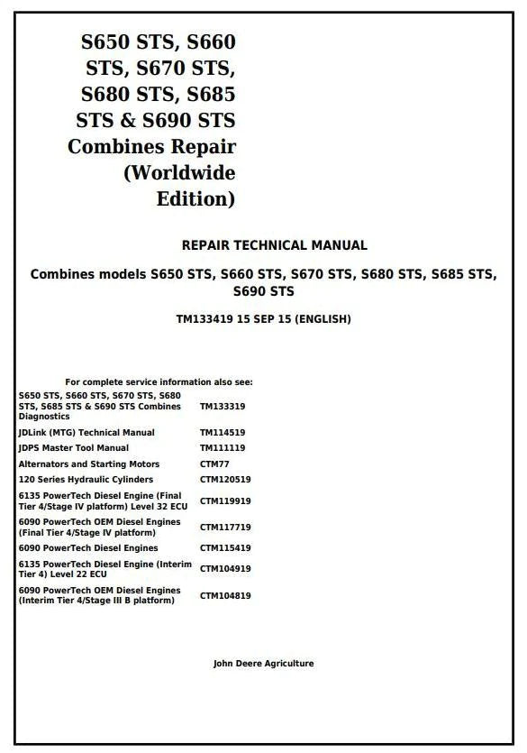 PDF TM133419 John Deere S650STS S660STS S670STS S680STS S685STS S690STS Combine Service Repair Manual