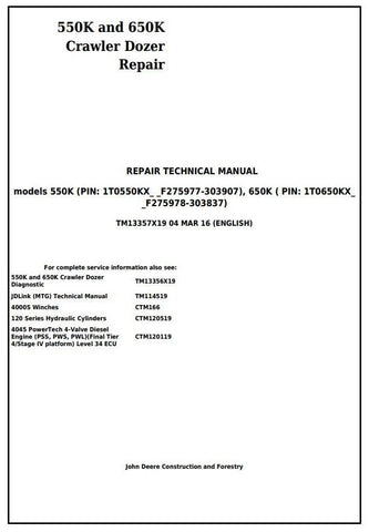 Pdf TM13357X19 John Deere 550K, 650K Crawler Dozer Repair Service Manual