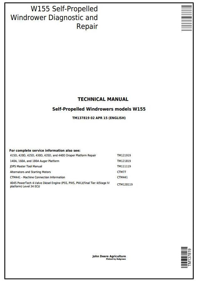 Pdf TM137819 John Deere W155 Self-Propelled Hay & Forage Windrower Repair Service Manual