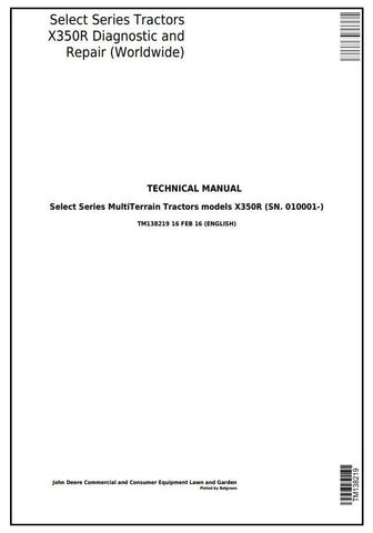 Pdf TM138219 John Deere X350R Select Series Riding Lawn Tractor Repair Service Manual