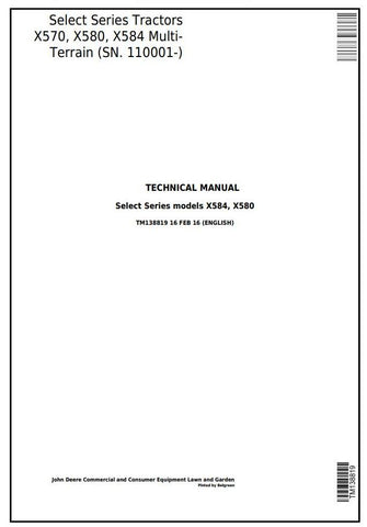 Pdf TM138819 John Deere X570 X580 X584 Select Series Riding Lawn Tractor Repair Service Manual