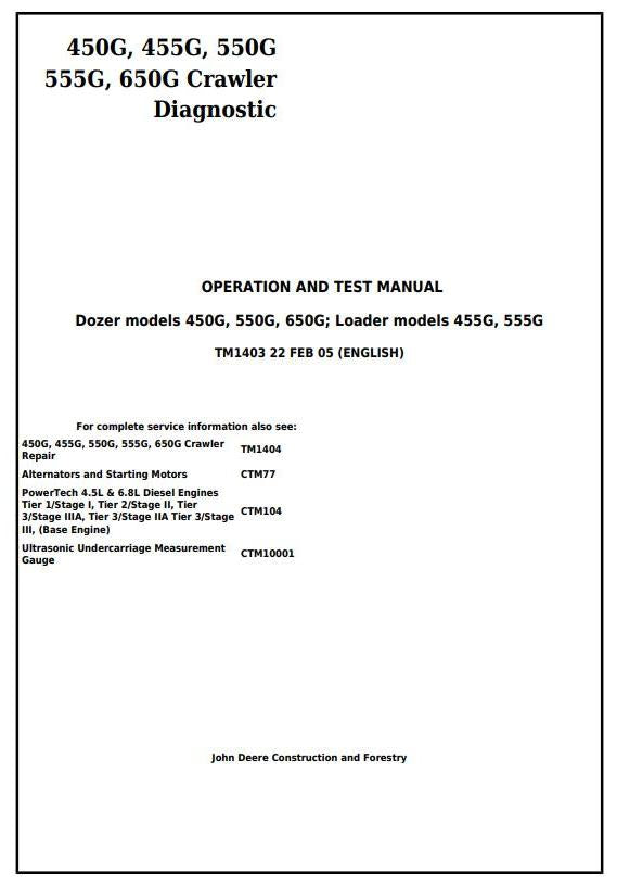 Pdf TM1403 John Deere 450G, 455G, 550G, 555G, 650G Crawler Dozer/Loader Diagnostic and Test Manual