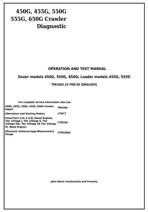 Pdf TM1403 John Deere 450G, 455G, 550G, 555G, 650G Crawler Dozer/Loader Diagnostic and Test Manual
