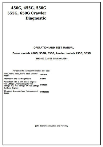 Pdf TM1403 John Deere 450G, 455G, 550G, 555G, 650G Crawler Dozer/Loader Diagnostic and Test Manual