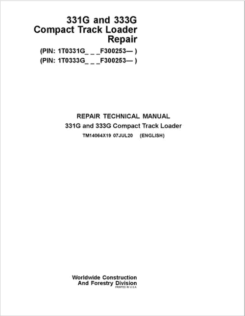 Pdf TM14064X19 John Deere 331G 333G Compact Track Loader Repair Service Manual