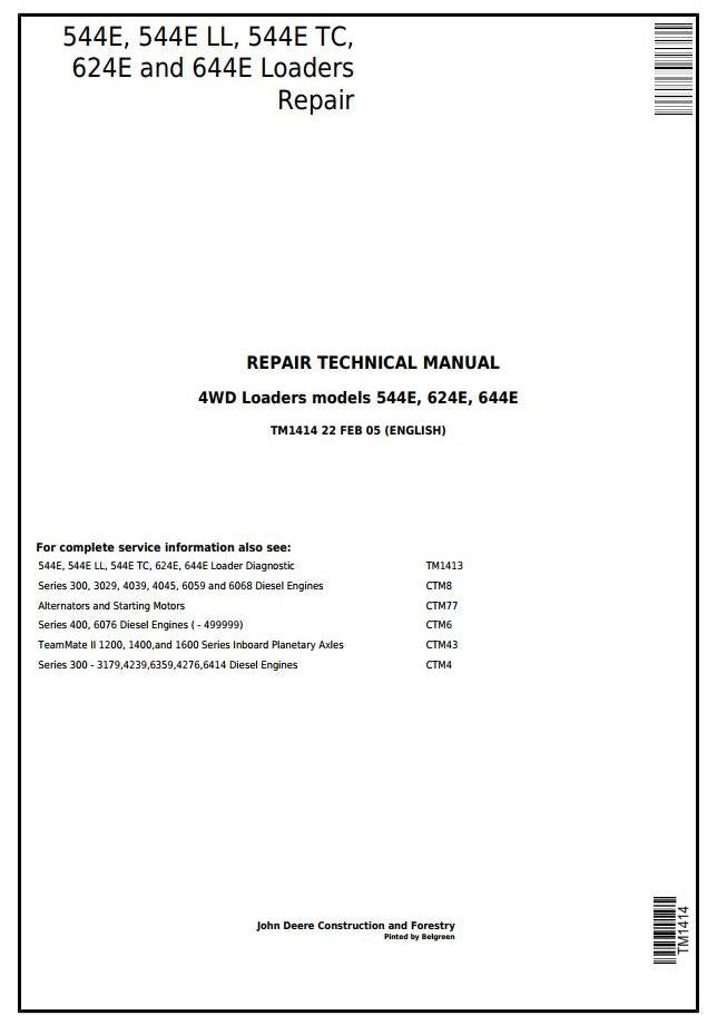 Pdf TM1414 John Deere 4WD 544E 544E LL 544E TC 624E 644E Wheel Loader Repair Service Manual