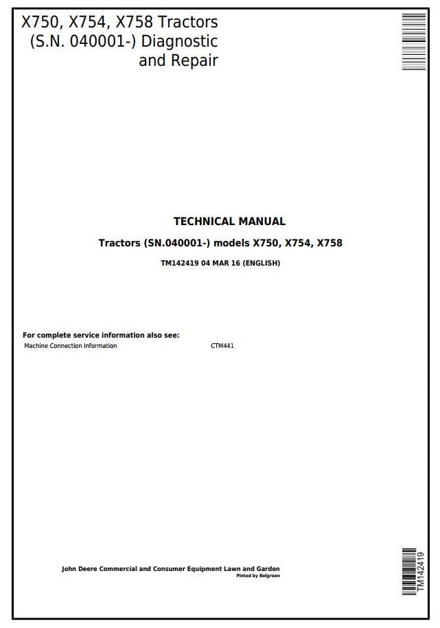 Pdf TM142619 John Deere X950R Riding Lawn Tractor Repair Service Manua