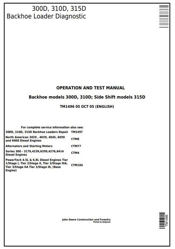 Pdf TM1496 John Deere 300D 310D 315D Backhoe Side Shift Loader Diagnostic and Test Manual