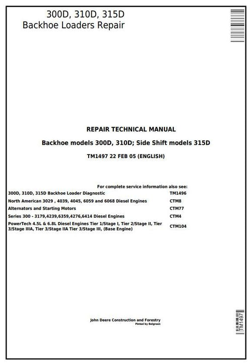 Pdf TM1497 John Deere 300D 310D Backhoe Loader 315D Side Shift Loader Repair Service Manual