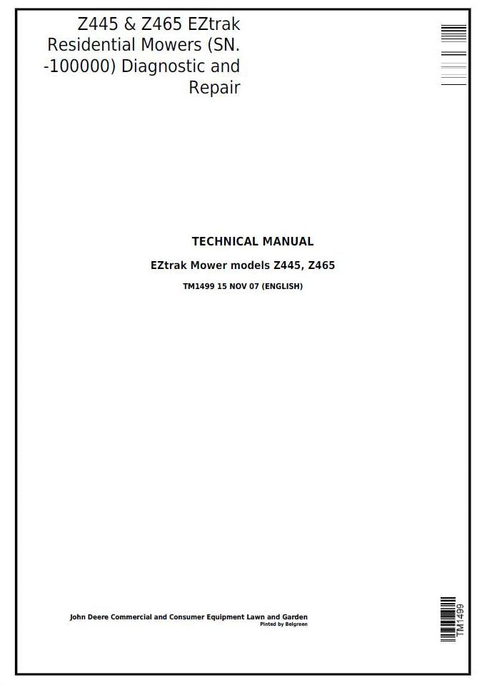 Pdf TM1499 John Deere Z445 Z465 EZtrak Riding Lawn Residential Mower Repair Service Manual