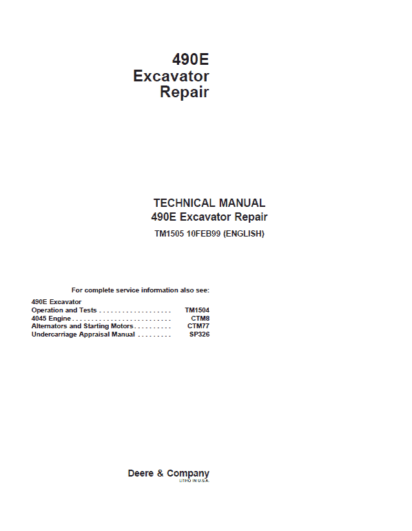 Pdf TM1505 John Deere 490E Excavator Repair Service Manual