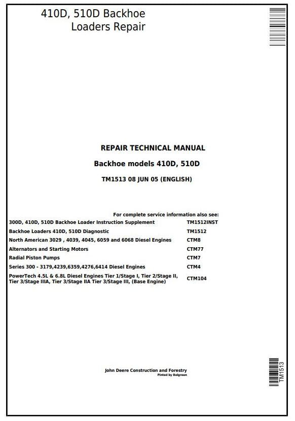 Pdf TM1513 John Deere 410D, 510D Backhoe Loader Repair Service Manual