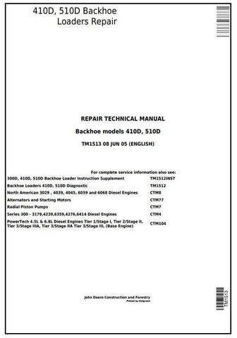 Pdf TM1513 John Deere 410D, 510D Backhoe Loader Repair Service Manual