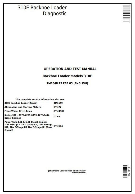 Pdf TM1648 John Deere 310E Backhoe Loader Diagnostic and Test Service Manual