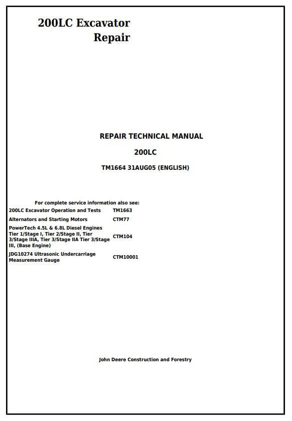 Pdf TM1664 John Deere 200LC Excavator Repair Service Manual