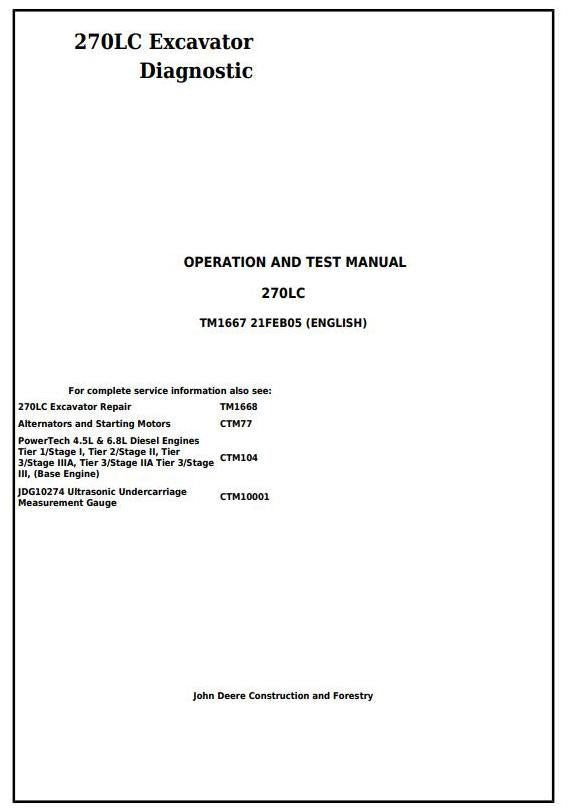 Pdf TM1667 John Deere 270LC Excavator Diagnostic and Test Service Manual