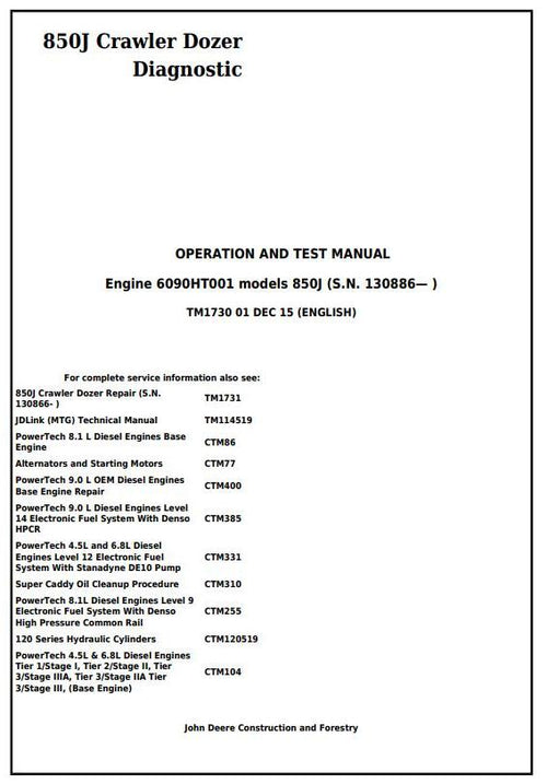 Pdf TM1730 John Deere 850J Crawler Dozer Diagnostic & Test Service Manual