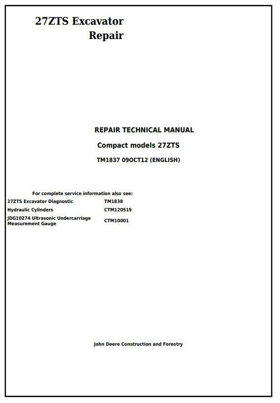 TM1837 - John Deere 27ZTS Compact Excavator Repair Service Manual