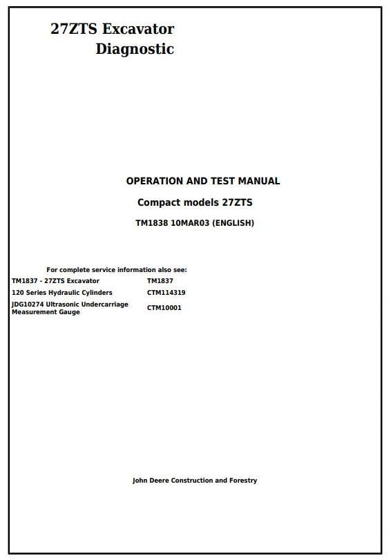 TM1838 - John Deere 27ZTS Compact Excavator Diagnostic and Test Service Manual