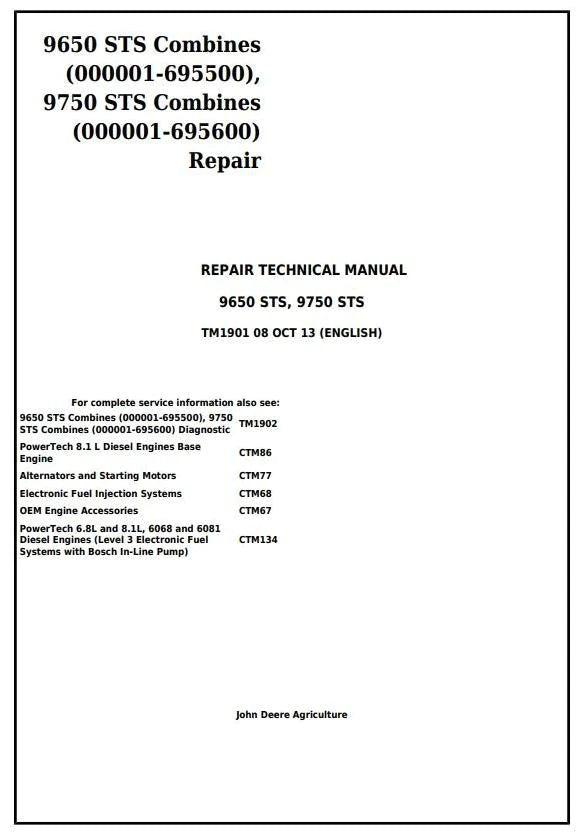 Pdf TM1901 John Deere 9650 STS 9750 STS Combine Repair Service Manual