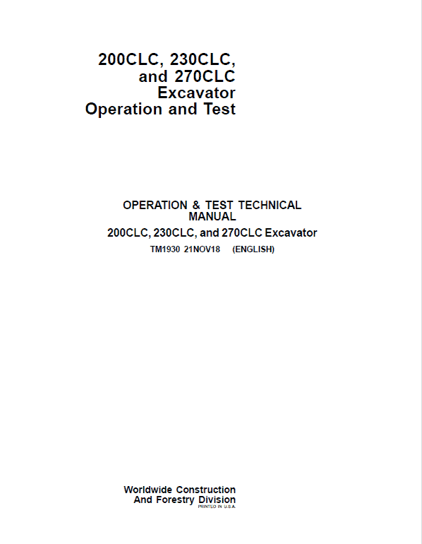 TM1930 - John Deere 200CLC, 230CLC, 270CLC Excavator Diagnostic and Test Service Manual