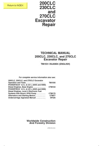 TM1931 - John Deere 200CLC, 230CLC, 270CLC Excavator Repair Service Manual