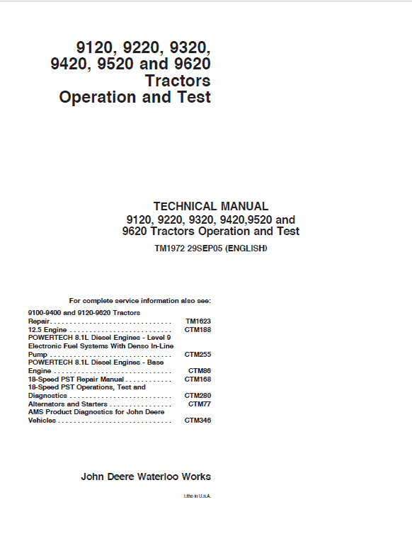 Pdf TM1972 John Deere 9120 9220 9320 9420 9520 9620 Tractor Diagnosis and Test Manual