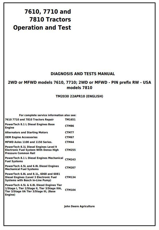 Pdf TM2030 John Deere 7610 7710 7810 USA Tractor Diagnosis and Test Service Manual