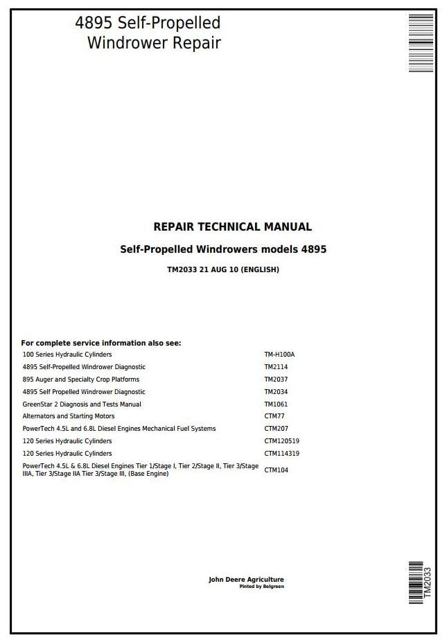 Pdf TM2033 John Deere 4895 Self-Propelled Hay and Forage Windrower Repair Service Manual