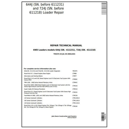 Pdf TM2076 John Deere 4WD 644J 724J Wheel Loader Repair Service Manual