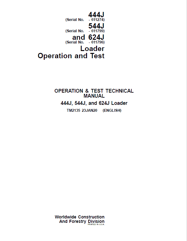 Pdf TM2135 John Deere 444J 544J 624J Wheel Loader Diagnostic and Test Service Manual