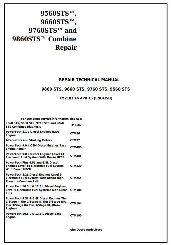 Pdf TM2181 John Deere 9560 STS 9660 STS 9760 STS 9860 STS Combine Repair Service Manual