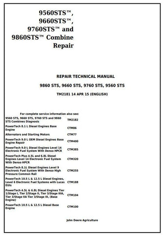 Pdf TM2181 John Deere 9560 STS 9660 STS 9760 STS 9860 STS Combine Repair Service Manual